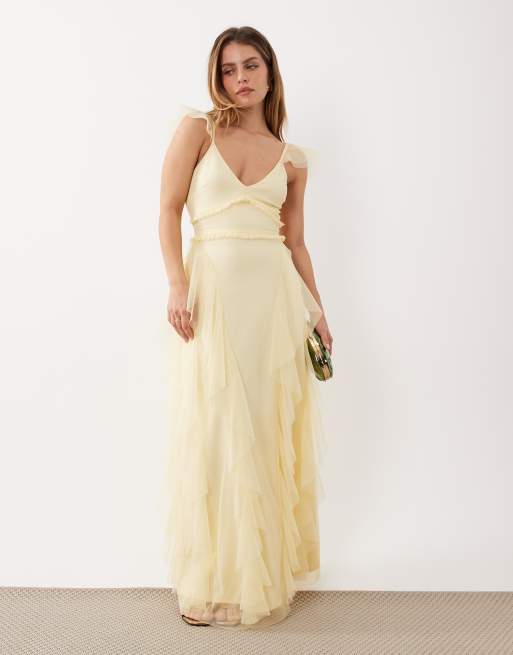 Lace & Beads Petite tulle flutter sleeve ruffle maxi dress in lemon, 2 of 4