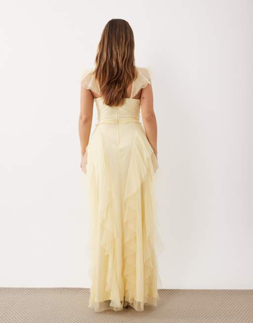 Lace & Beads Petite tulle flutter sleeve ruffle maxi dress in lemon, 4 of 4