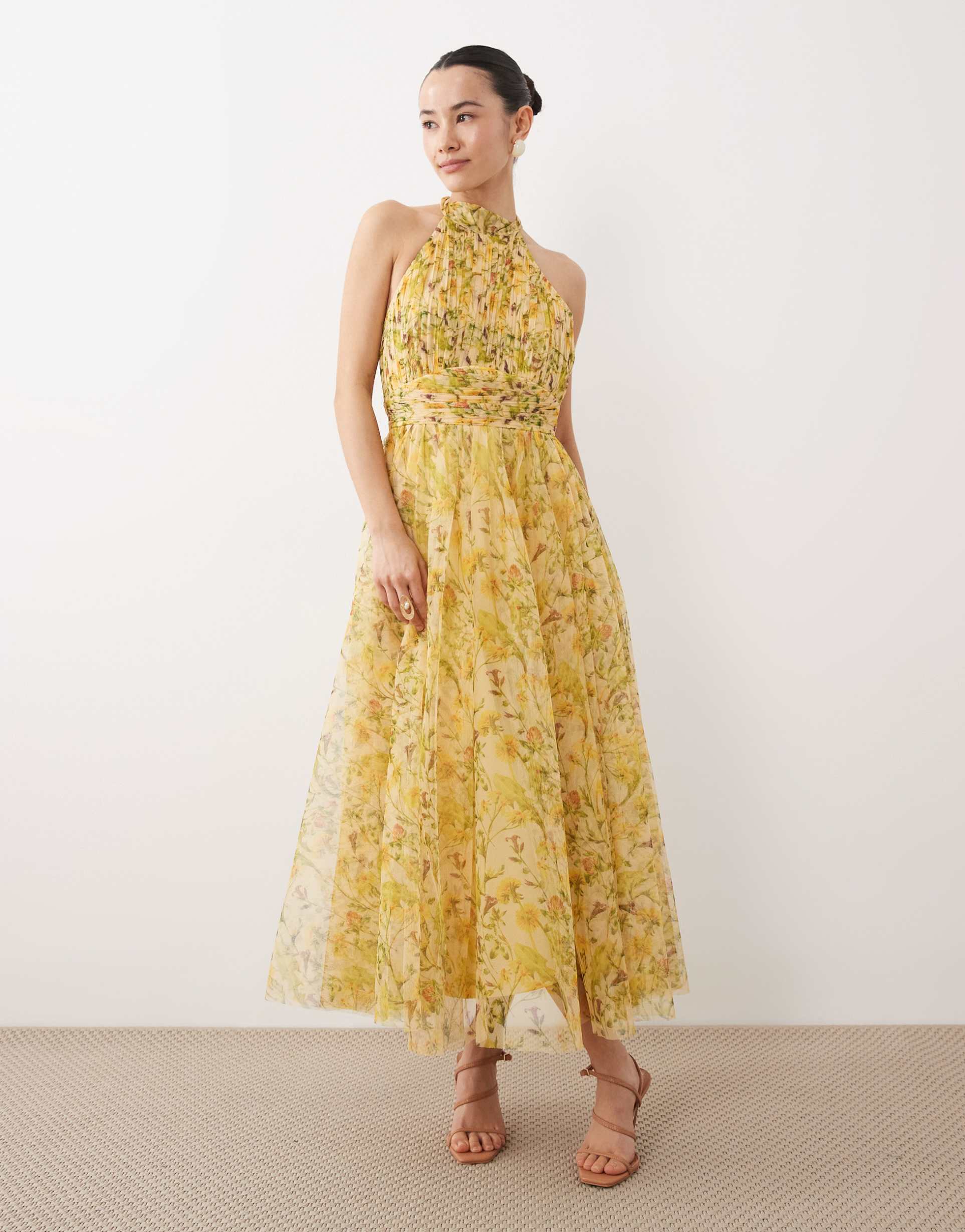 lace & beads petite tulle high neck midi dress in yellow floral