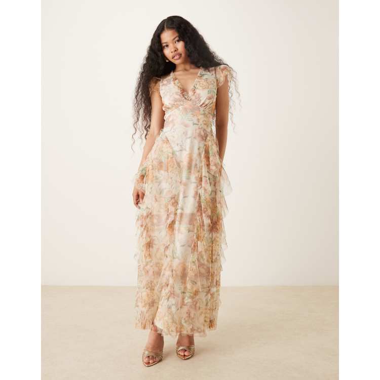 Lace & Beads Petite tulle maxi dress with frills in floral print | ASOS