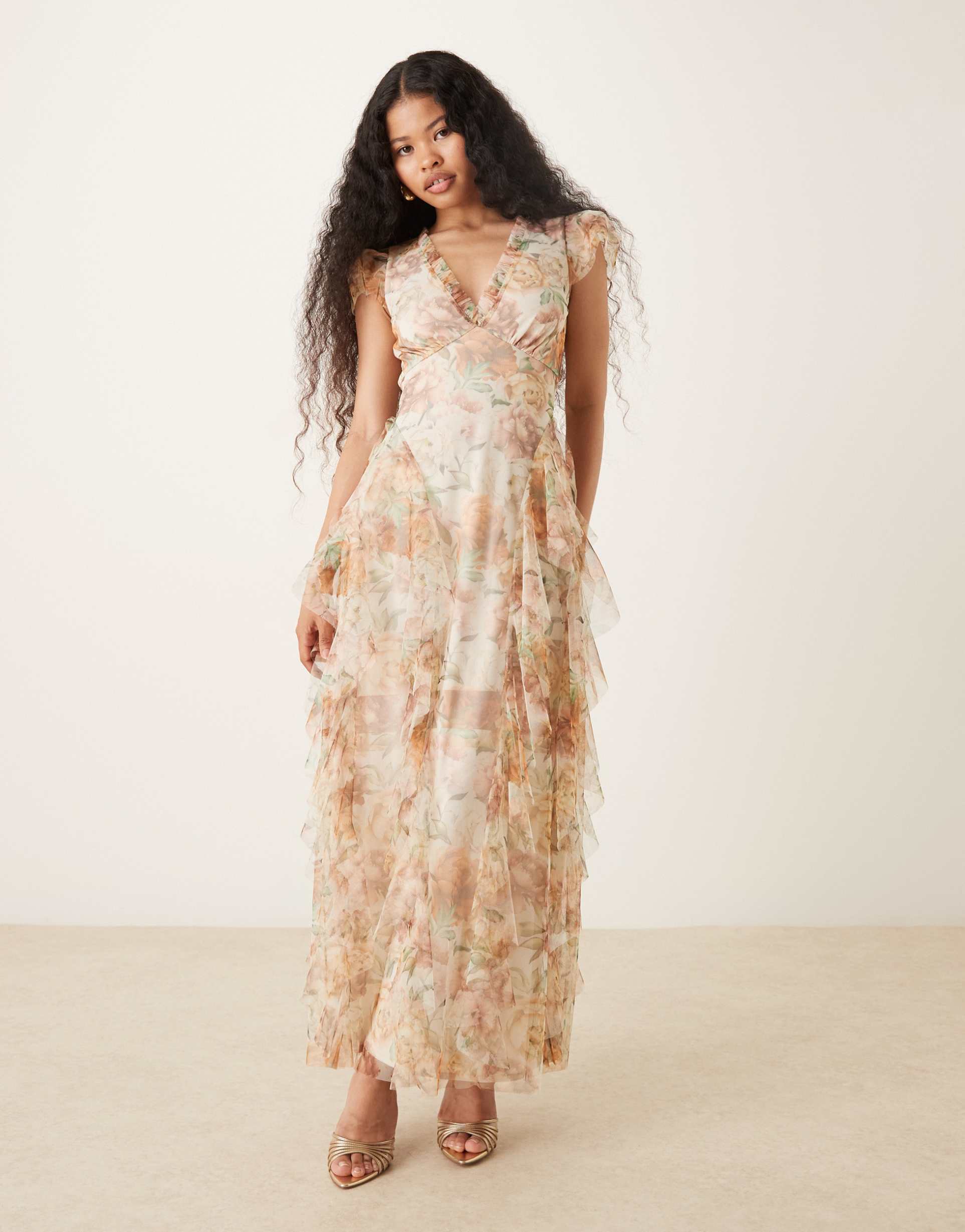 lace & beads petite tulle maxi dress with frills in floral print