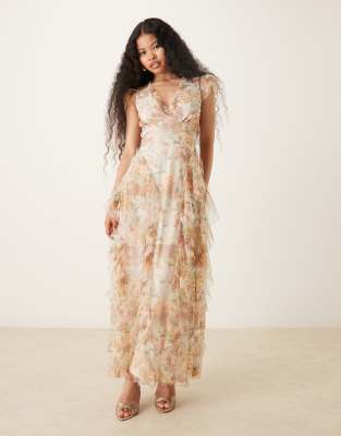 Lace & Beads Petite Tulle Maxi Dress With Frills In Pink
