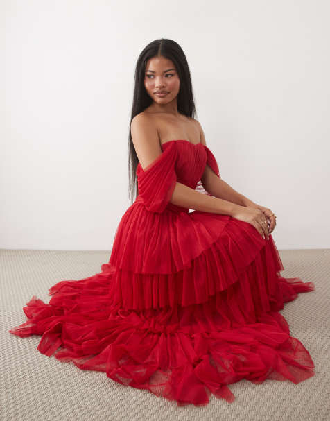 Lace & Beads Petite tulle off shoulder asymmetric ruffle detail maxi dress in red - view 1