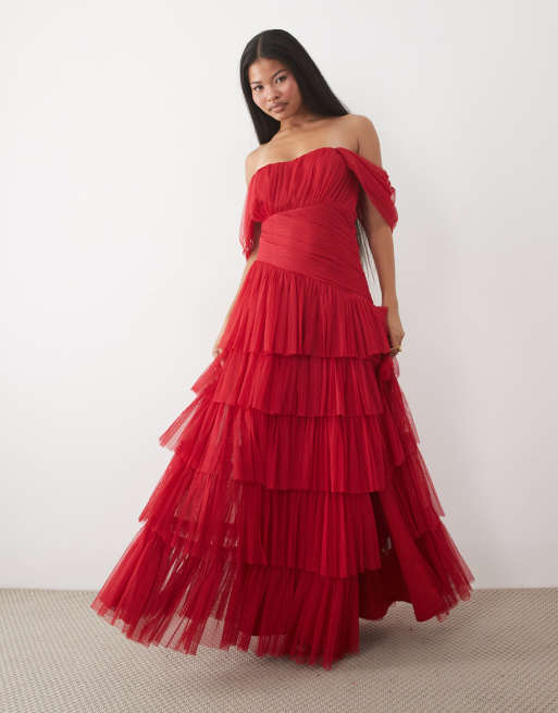 Lace & Beads Petite tulle off shoulder asymmetric ruffle detail maxi dress in red