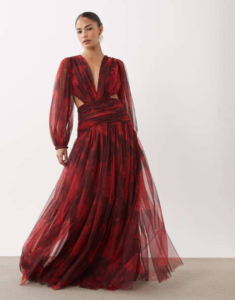 Lace & Beads Petite tulle plunge drop hem open back maxi dress in burgundy floral - view 1