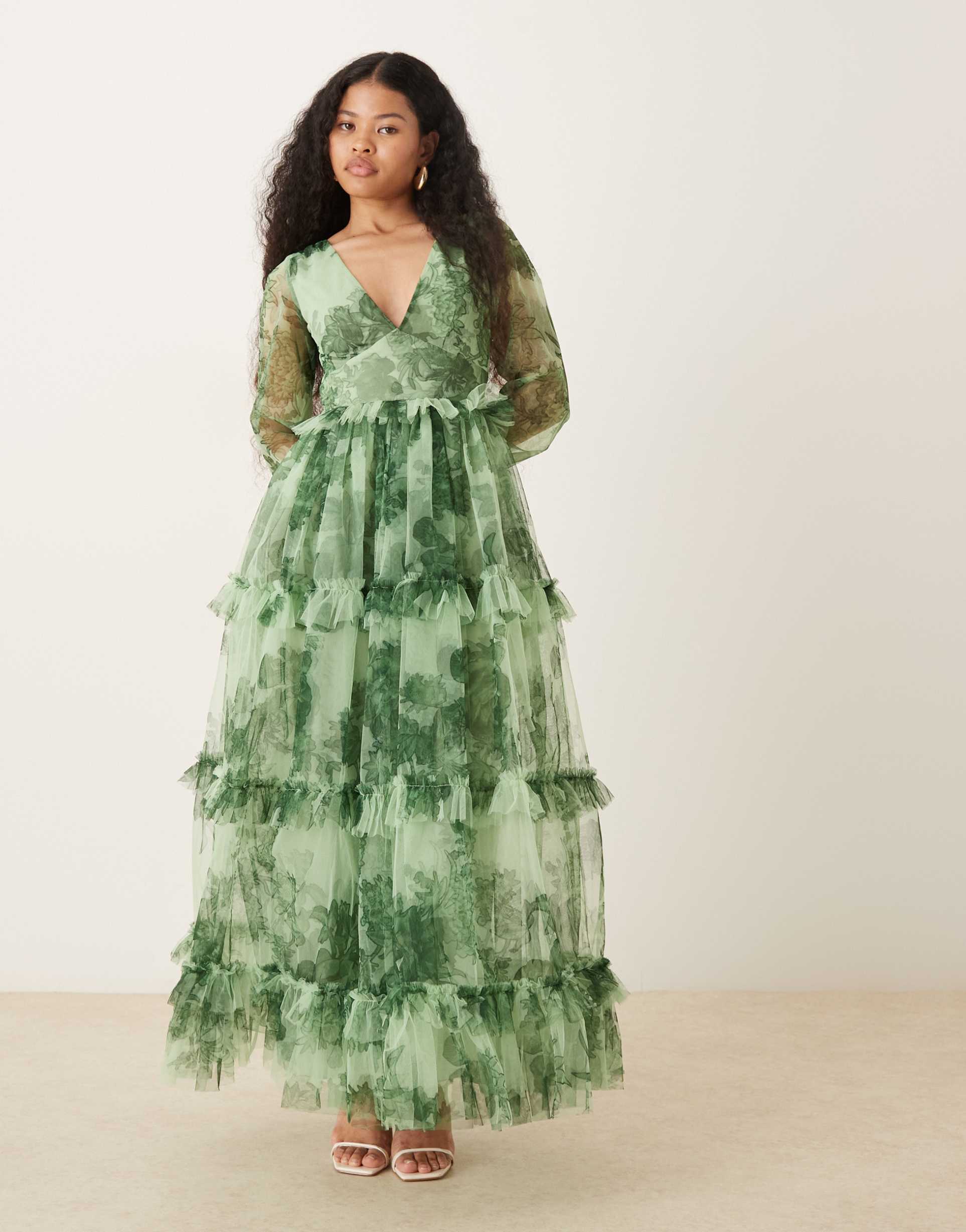 lace & beads petite tulle plunge neck sheer sleeve tiered maxi dress in green floral