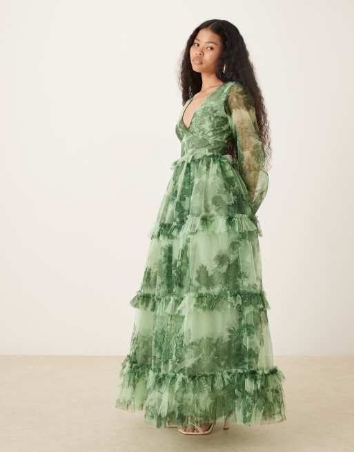 Lace & Beads Petite Tulle Plunge Neck Sheer Sleeve Tiered Maxi Dress in Green Floral