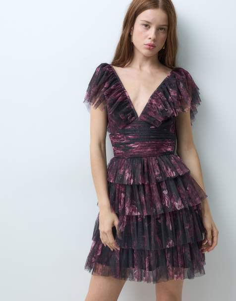 Lace & Beads Petite tulle plunge neck tiered skirt mini dress in black floral - view 1