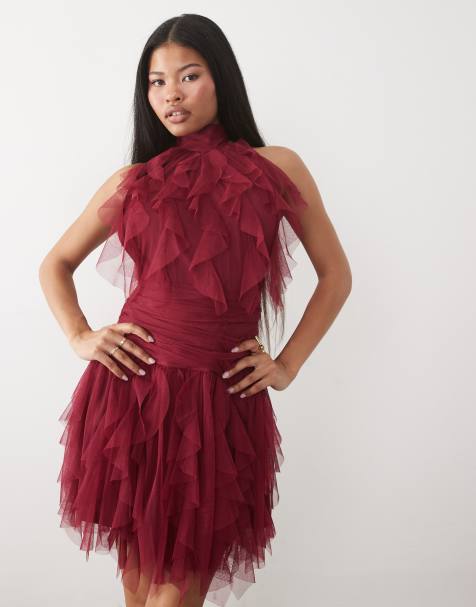 Lace & Beads Petite tulle ruffle halter drop hem mini dress in dark pink - view 1