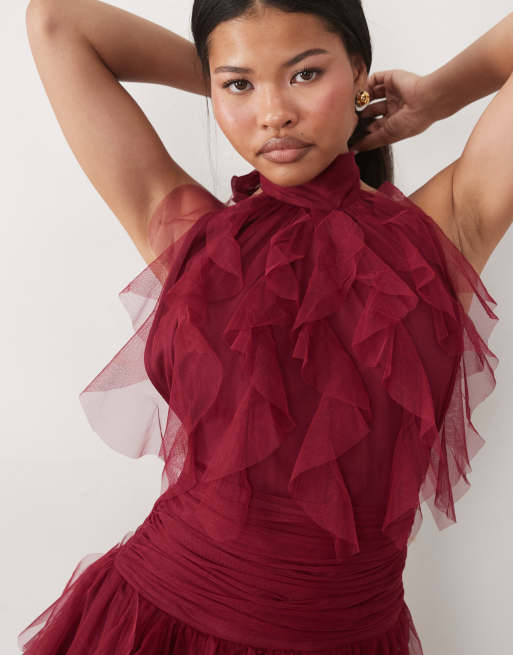 Lace & Beads Petite tulle ruffle halter drop hem mini dress in dark pink, 3 of 4
