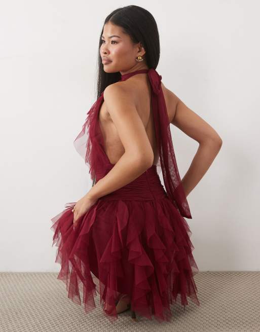 Lace & Beads Petite tulle ruffle halter drop hem mini dress in dark pink, 4 of 4
