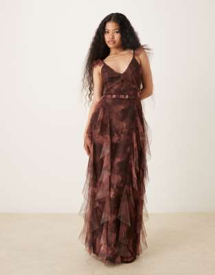 Lace & Beads Petite Tulle Ruffle Maxi Dress In Brown