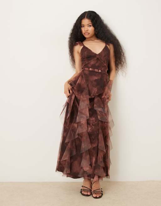 Lace & Beads Petite tulle ruffle maxi dress in brown floral, 3 of 4