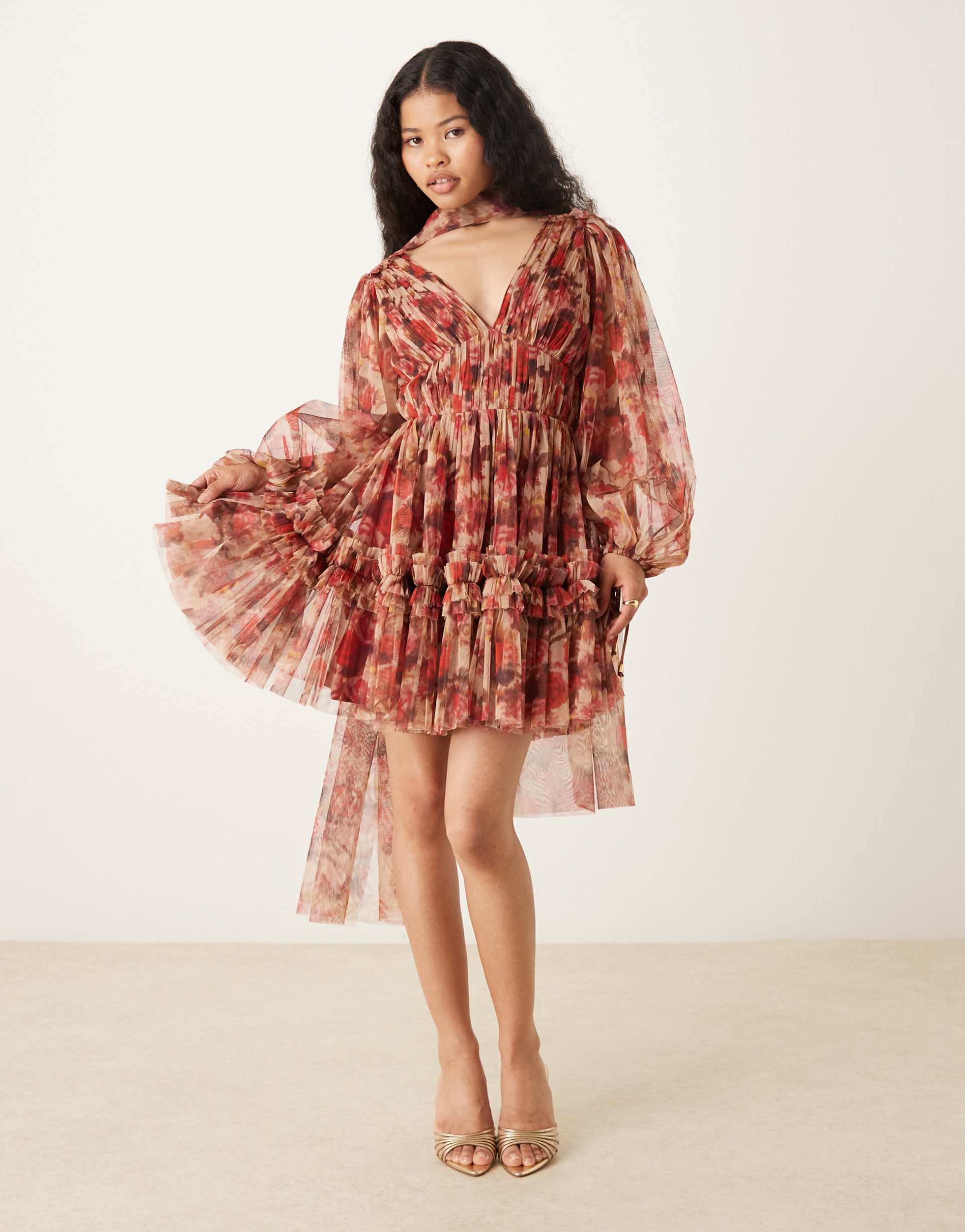 lace & beads petite tulle scarf plunge neck tiered mini dress in rose floral