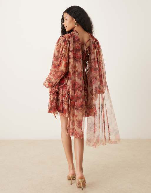 Lace & Beads Petite tulle scarf plunge neck tiered mini dress in rose floral