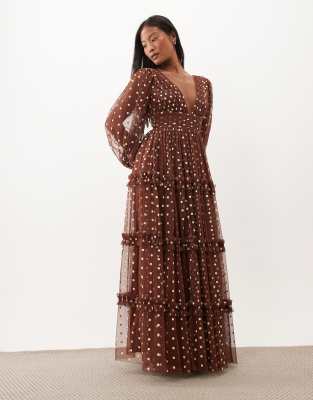 Lace & Beads Petite Tulle Sheer Balloon Sleeve Plunge Neck Tiered Maxi Dress In Multi
