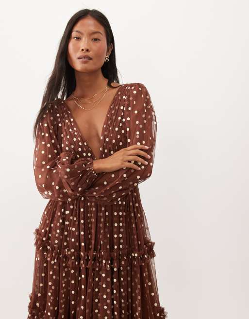 Lace & Beads Petite tulle sheer balloon sleeve plunge neck tiered