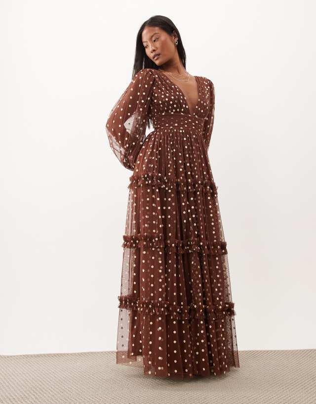 Lace & Beads Petite tulle sheer balloon sleeve plunge neck tiered