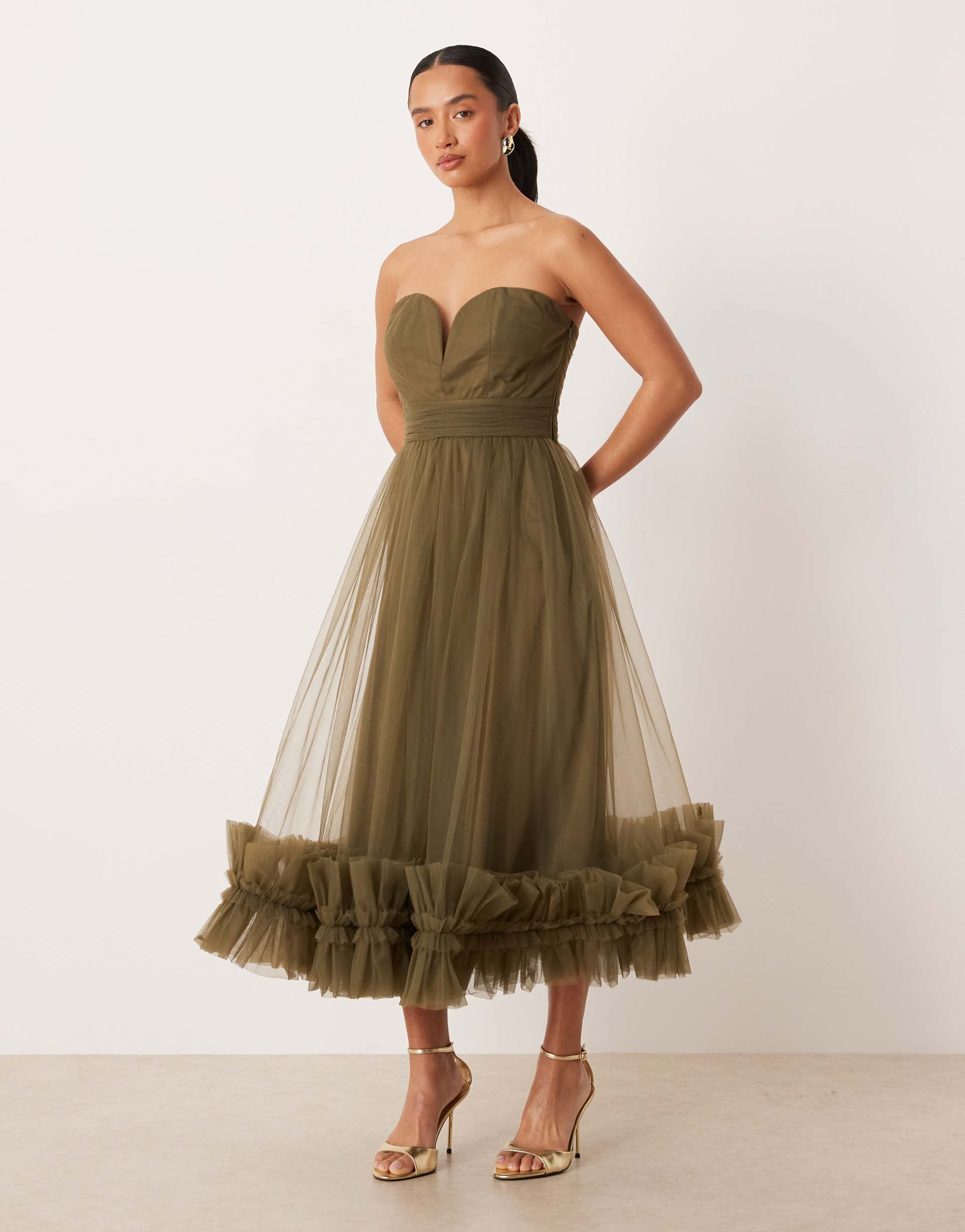 lace & beads petite tulle strapless midi dress with frill hem in deep olive