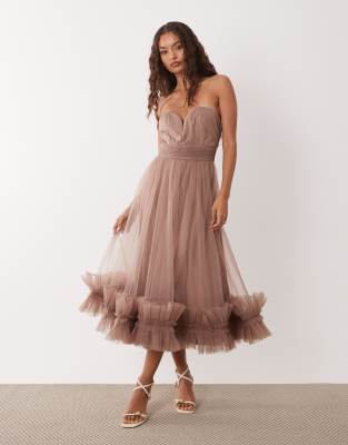 Lace & Beads Petite tulle strapless midi dress with frill hem in taupe