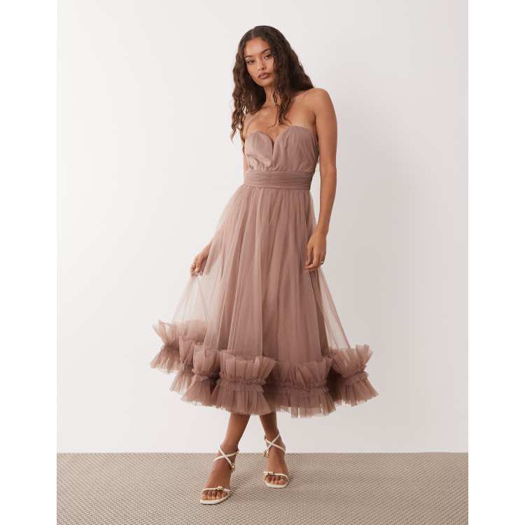 Lace & Beads Petite tulle strapless midi dress with frill hem in