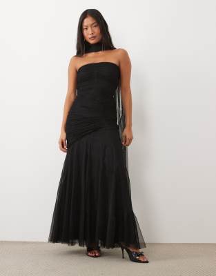 Lace & Beads Petite Tulle Strapless Ruched Scarf Detail Maxi Dress In Black