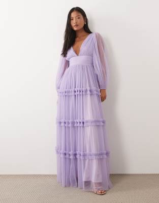 lace & beads layered tulle bardot maxi dress in lilac Lace & Beads - Tulle Maxi Dress - Women - Polyester - 0 US