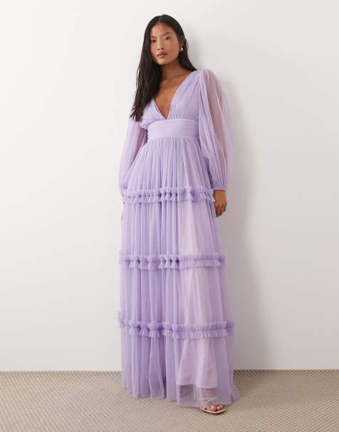 Lace & Beads Petite tulle v-neck balloon sleeve maxi dress in lilac - view 1