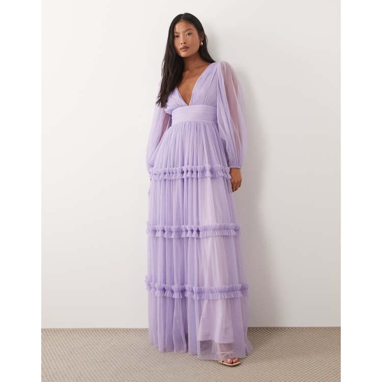 Lace & Beads Petite tulle V-neck balloon sleeve maxi dress in lilac | ASOS
