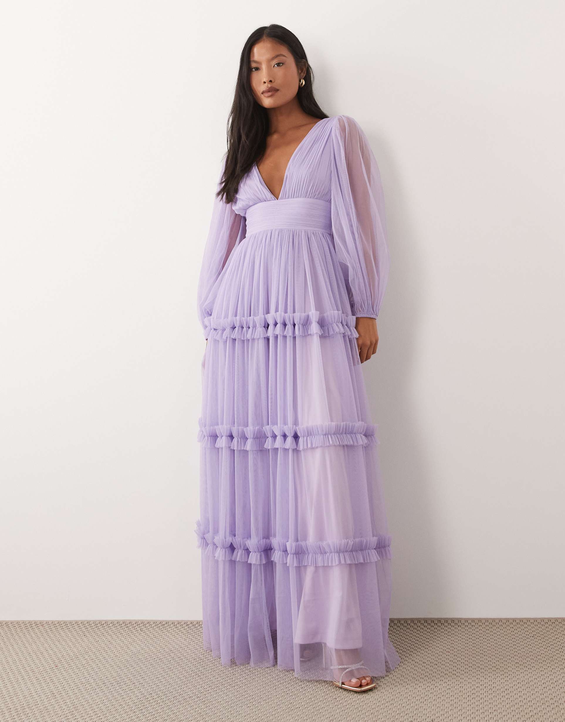 lace & beads petite tulle v-neck balloon sleeve maxi dress in lilac