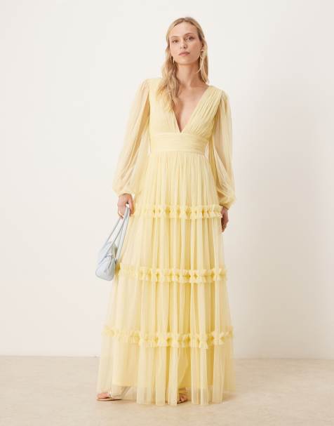 Lace & Beads Petite tulle v neck sheer sleeve maxi dress in lemon - view 1