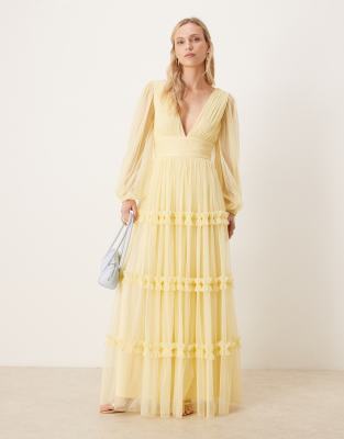 Lace & Beads Petite tulle v-neck sheer sleeves maxi dress in lemon