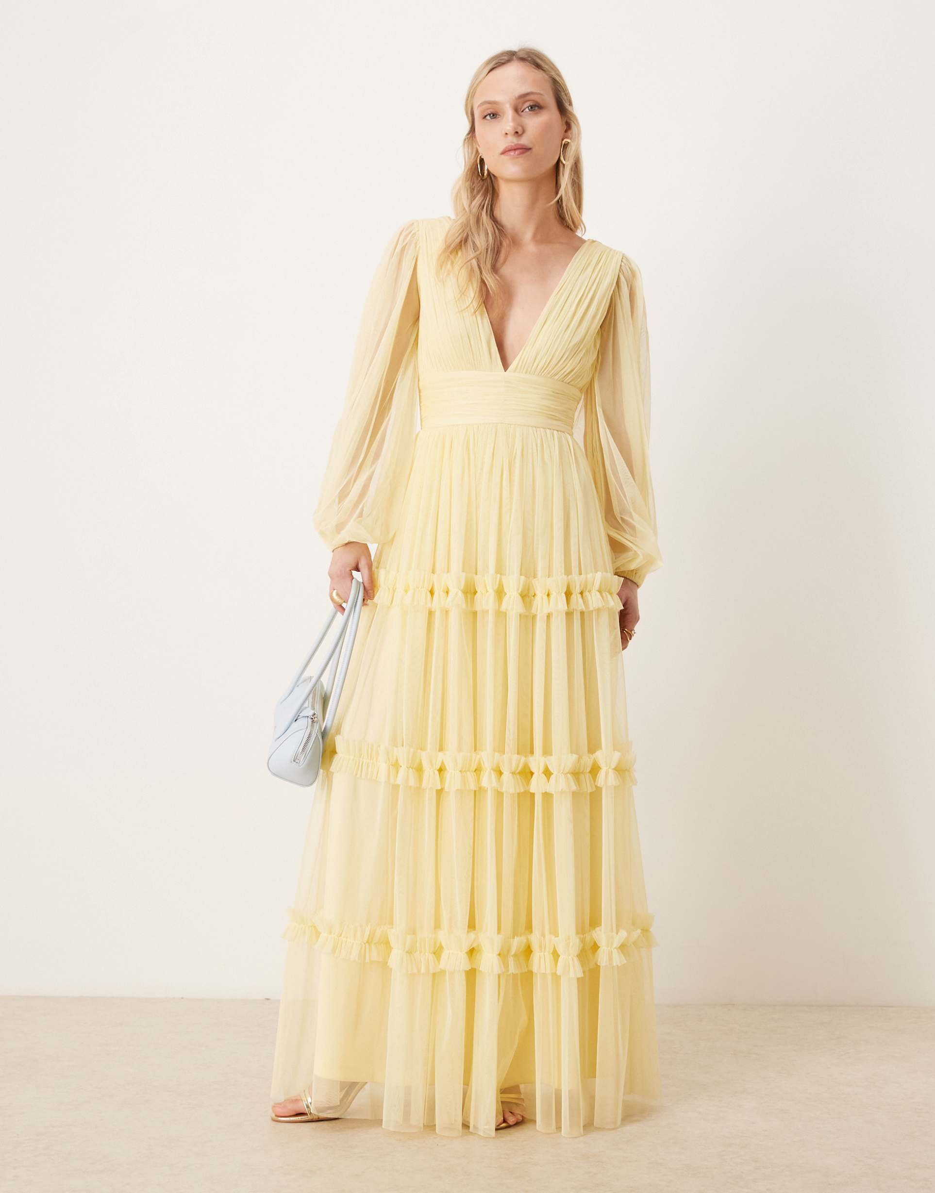 lace & beads petite tulle v-neck sheer sleeves maxi dress in lemon