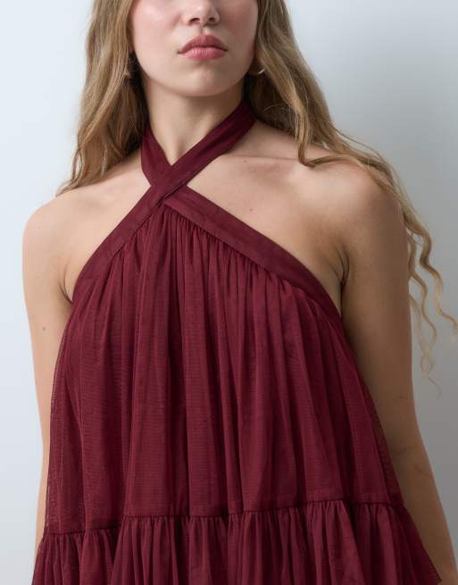 Lace & Beads Petite tyll halterneck-klänning i lager, maxiklänning i bordeaux, 5 av 5