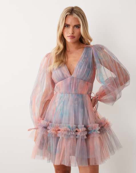 Lace & Beads Petite v neck ruffle skirt mini dress in blue abstract - view 1