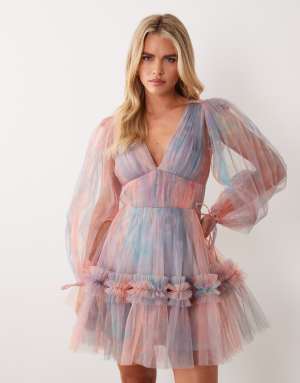 Lace & Beads Petite v neck ruffle skirt mini dress in blue abstract