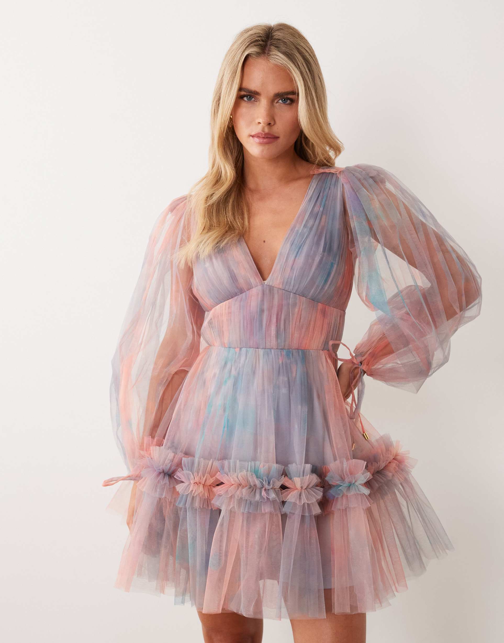 lace & beads petite v-neck ruffle skirted mini dress in abstract blue