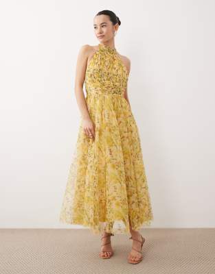 Lace & Beads Petite Tulle High Neck Midi Dress In Yellow