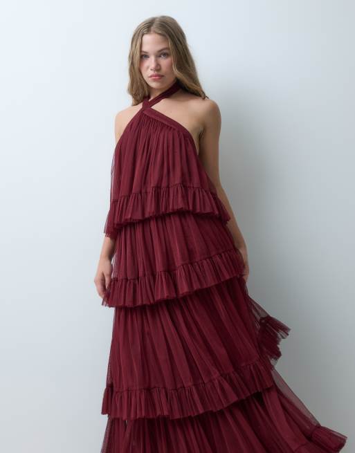 Lace & Beads Petite vestido largo de tul con cuello cruzado y capas en burdeos, 4 de 5