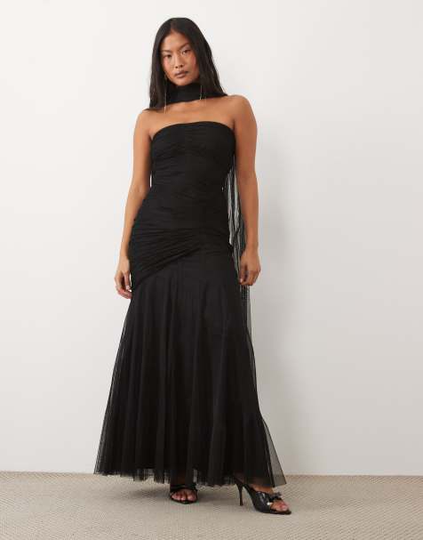 Lace & Beads Petite - vestido maxi de tul sin tirantes fruncido con detalle de pañuelo en negro - view 1