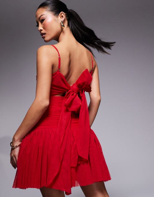 Lace & Beads Petite - Vestito corto in tulle rosso arricciato con fiocco sul retro