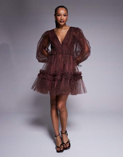 Lace & Beads Petite - Vestito corto marrone con stampa animalier e maniche a palloncino - view 1