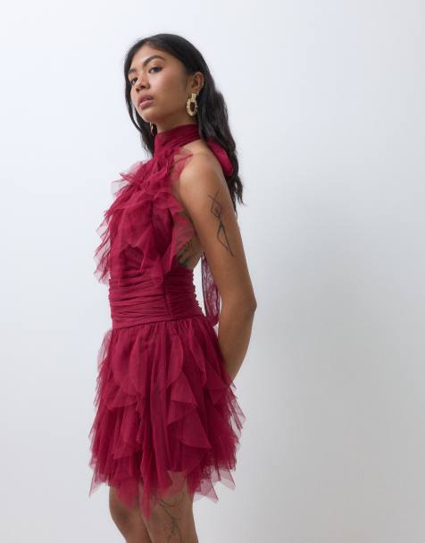 Lace & Beads Petite vestito corto mini in tulle con volant, allacciato al collo, fondo asimmetrico, dark pink - view 1