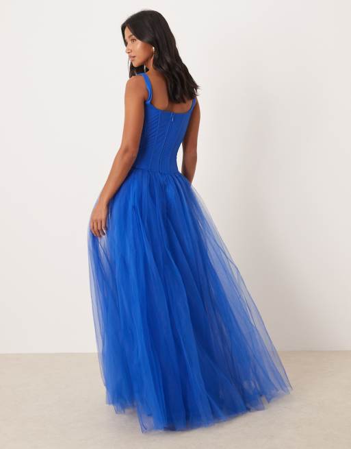 Lace & Beads Petite - Vestito da sera a corsetto blu cobalto con fondo sceso, 3 di 4