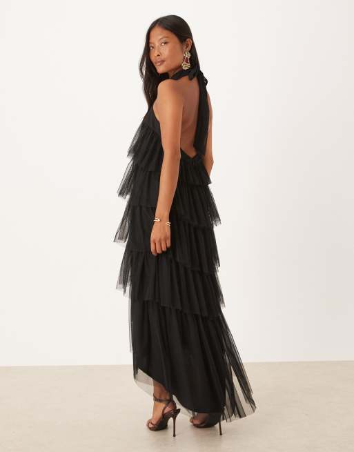 Lace & Beads Petite - Vestito lungo a balze in tulle nero con schiena scoperta, 2 di 4