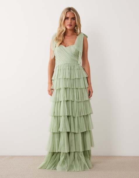 Lace & Beads Petite - Vestito lungo da damigella verde salvia in tulle con fiocchi sulle spalle - view 1