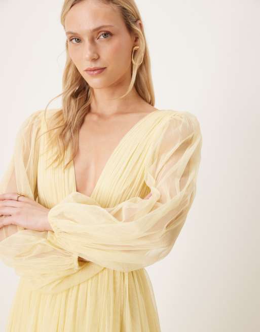Lace & Beads Petite - Vestito lungo in tulle color limone con scollo a V e maniche trasparenti , 4 di 4