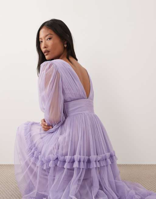 Lace & Beads Petite - Vestito lungo in tulle lilla con scollo a V e maniche a palloncino , 2 di 4