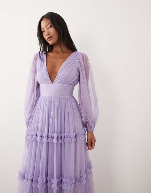Lace & Beads Petite - Vestito lungo in tulle lilla con scollo a V e maniche a palloncino , 3 di 4