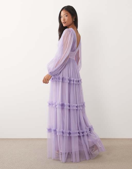 Lace & Beads Petite - Vestito lungo in tulle lilla con scollo a V e maniche a palloncino , 4 di 4